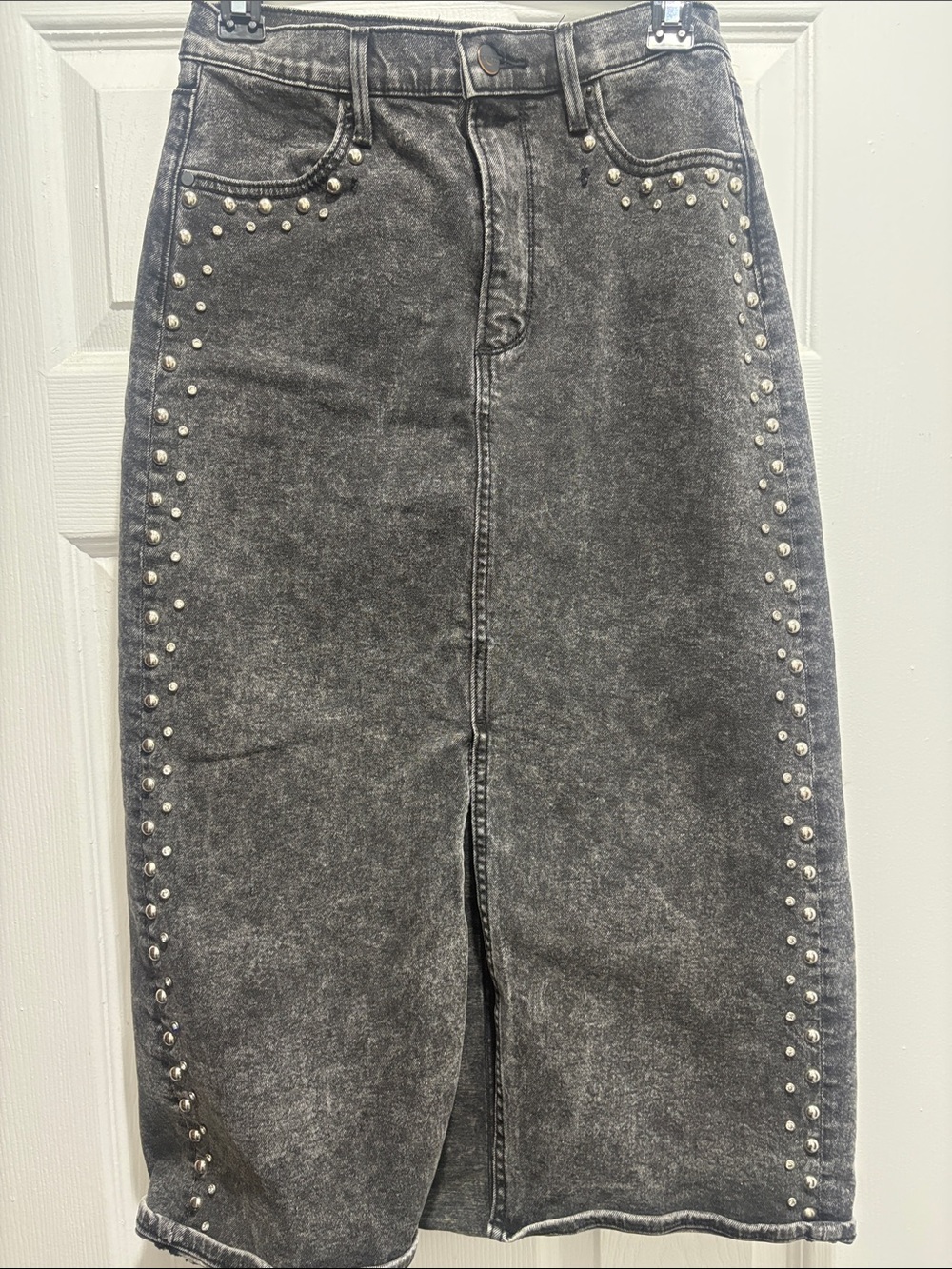 DRIFTWOOD Washed Black Denim Midi Skirt with Silver Studs